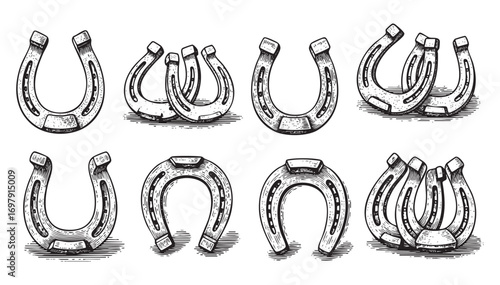 vintage woodcut engraving vector set of blacksmith’s horseshoe set