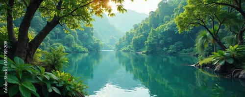 Serene landscape featuring a tranquil lake reflecting lush green trees, with vibrant parrots perched on branches nearby, creating a picturesque tropical scene ,  birdsong,  leaves,  serenity