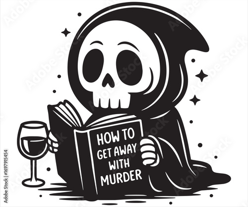 Grim Reaper Reading Funny Book Halloween Illustration