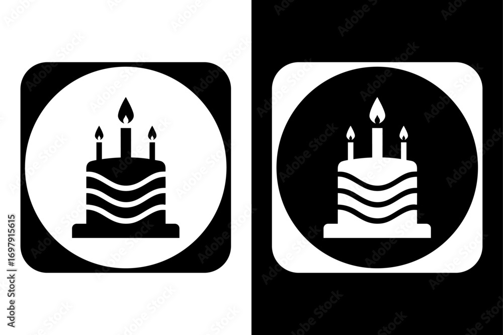Obraz premium Black and White Birthday Cake Icon | Candle Symbol Illustration.