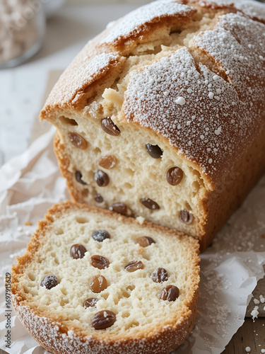 A half-baked loaf of bread with raisins dusted with powdered sugar.