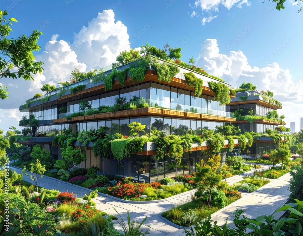 Fototapeta premium A modern, sustainable office building is nestled within a lush green landscape, featuring extensive rooftop gardens and a tranquil ambiance.
