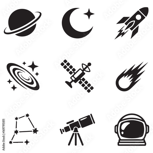 Collection of black and white space themed icons on a white background Keywords: space, galaxy, planet, Saturn, ringed planet, crescent moon, star, rocket, spaceship, satellite, constellation