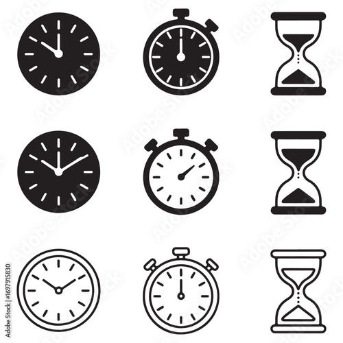 Collection of clock stopwatch and hourglass icons representing time in solid and outline styles Keywords: clock, watch, time, hour, minute, second, timepiece, analog, stopwatch, timer, countdown