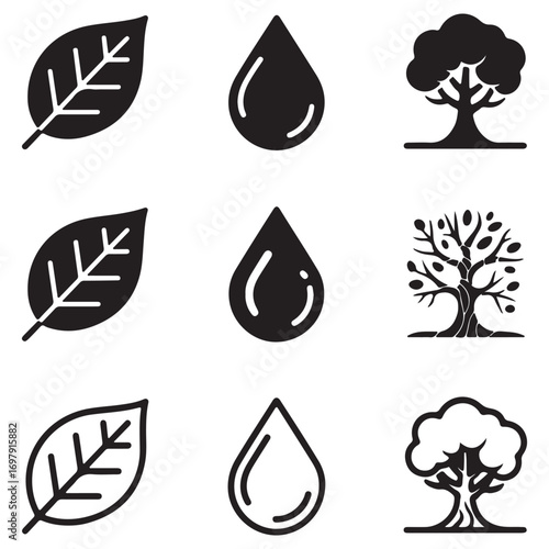 Collection of stylized leaf drop and tree icons in black and white water nature