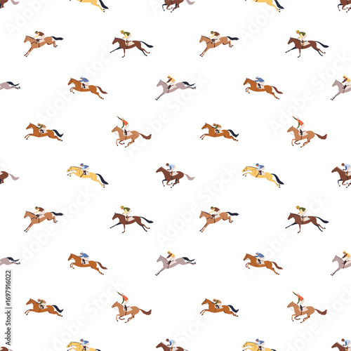Seamless pattern with horse riders in motion during steeplechase
