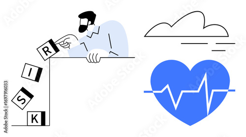Person tipping risk blocks off edge, heart with pulse line and cloud symbolizing health, uncertainty, and challenges. Ideal for healthcare, risk, wellness, strategy, prevention decision and safety
