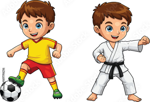 Happy cartoon boy playing soccer with a ball and practicing karate in white gi, fun sports and martial arts illustration.
