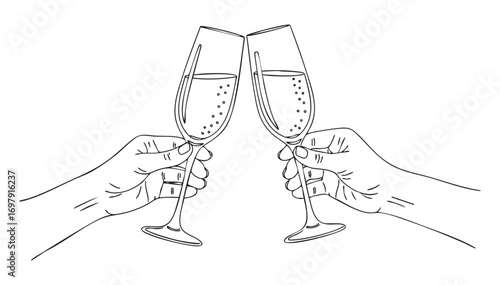 Hands hold glasses of white sparkling wine, cheers with glass, champagne or cocktail. Line drawing of people celebrating, black and white