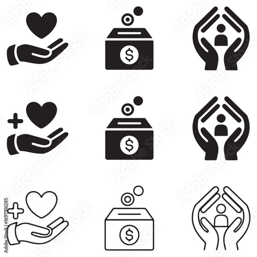 Icons representing charity donation and care with hands holding heart and person symbols Keywords: charity, donation, giving, helping, support, care, kindness, love, heart, hand, human, person