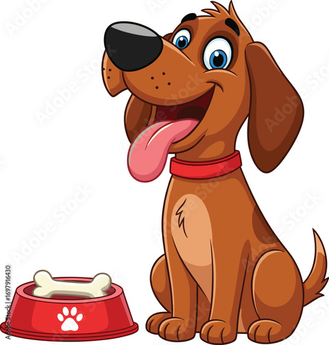 Happy cartoon brown dog sitting next to red food bowl with bone, playful pet illustration for kids and animal lovers.