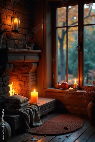 Cozy autumn evening scene with flickering candlelight illuminating warm-toned interior, creating a serene and inviting atmosphere perfect for relaxation and reflection ,  candlelight,  october,  home