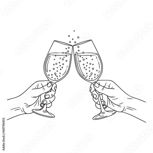 Hands hold glasses of white sparkling wine, cheers with glass, champagne or cocktail. Line drawing of people celebrating, black and white