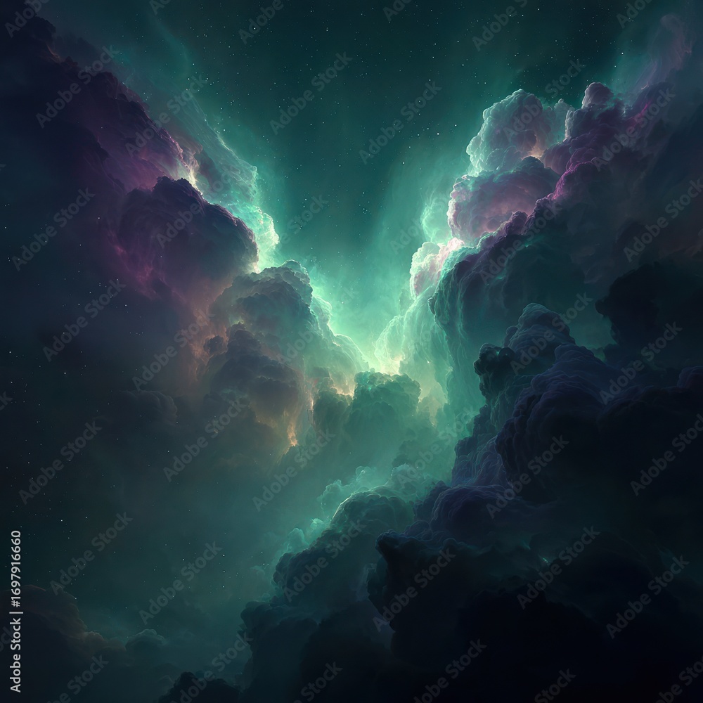 Fototapeta premium A swirling tapestry of vibrant teal, purple, and pink nebula clouds fills the night sky, glowing with ethereal light.