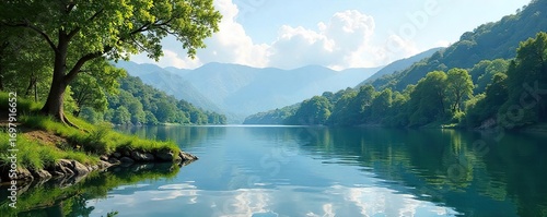 Serene lakeside view, perfect for relaxation and leisure  Enjoy the tranquil water, lush greenery, and peaceful atmosphere  Ideal for a calming escape ,  horizon,  calm water,  getaway