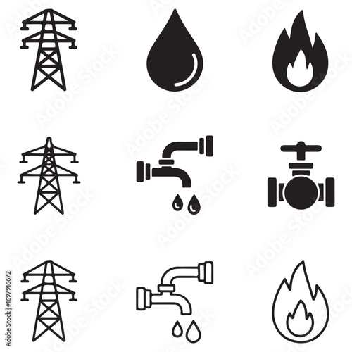 Set of Utility Icons Representing Electricity Water and Fire Services vector illustration