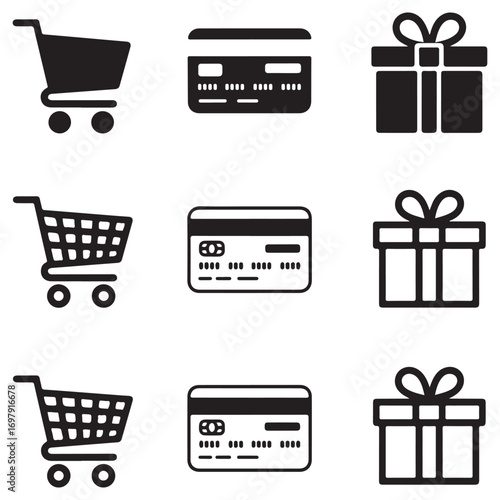 Shopping Cart Credit Card and Gift Box Icons Set trolley payment