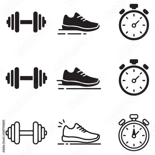 Three rows of three icons associated with fitness and exercise including dumbbells running shoes and stopwatches
