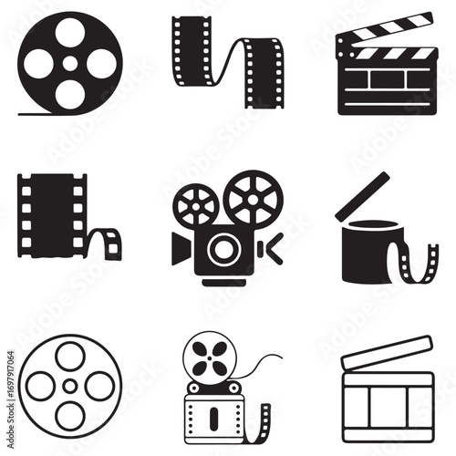 Assortment of film and cinema icons including reels cameras and clapperboards movie