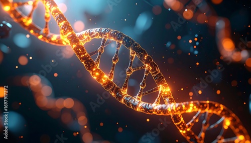 Fototapeta Naklejka Na Ścianę i Meble -  A glowing, intricate 3D illustration depicts a DNA double helix structure with a dynamic, futuristic aesthetic against bokeh lights