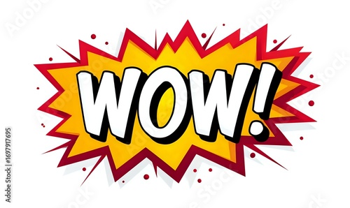 Comic style explosion bubble with wow text expression in white letters on yellow and red background with dynamic burst effect. Isolated on white background.