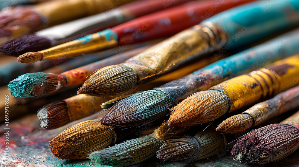 Fototapeta premium Vibrant collection of artist paint brushes covered in colorful dried paint, showcasing creative tools and artistic process