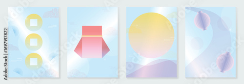 Chinese New year poster design vector set. Modern new year colorful card with lantern, coin, wave, mountain, moon in geometric shape. Illustration for flyer, brochure, social media, banner, ads.