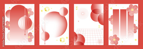 Chinese New year poster design vector set. Modern new year white and red card with lantern, coin, flower in geometric shape. Illustration for flyer, brochure, social media, banner, ads.