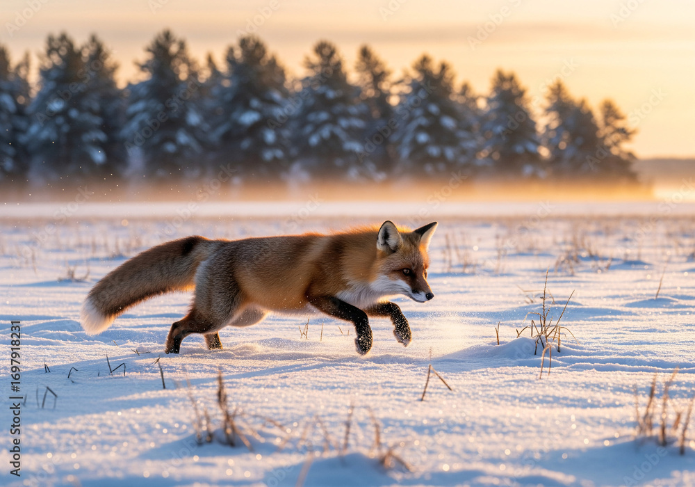Naklejka premium Red Fox Trotting Through Snowy Field at Sunrise