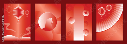 Chinese New year poster design vector set. Modern new year white and red card with lantern, horse, coin, mountain, fan in geometric shape. Illustration for flyer, brochure, social media, banner, ads.