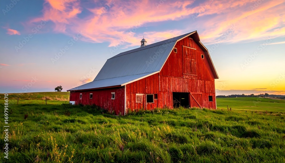 Fototapeta premium Red barn at sunset over a grassy field