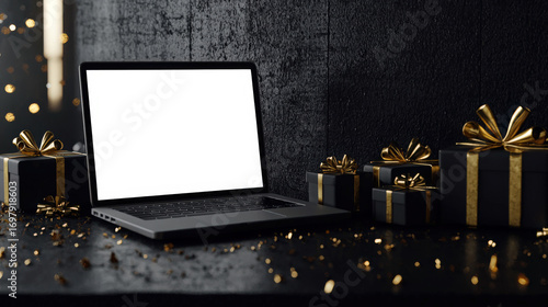 Laptop mockup for Black Friday advertising. The laptop sits on a table strewn with golden confetti, next to a pile of gifts. Online shopping. Sale, discounts and promotions