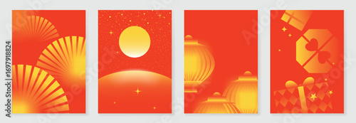 Chinese New year poster design vector set. Modern new year red and gold card with lantern, fan, moon, gift in geometric shape. Illustration for flyer, brochure, social media, banner, ads.