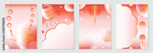 Chinese New year poster design vector set. Modern new year white and red card with lantern, coin, flower, pattern in geometric shape. Illustration for flyer, brochure, social media, banner, ads.