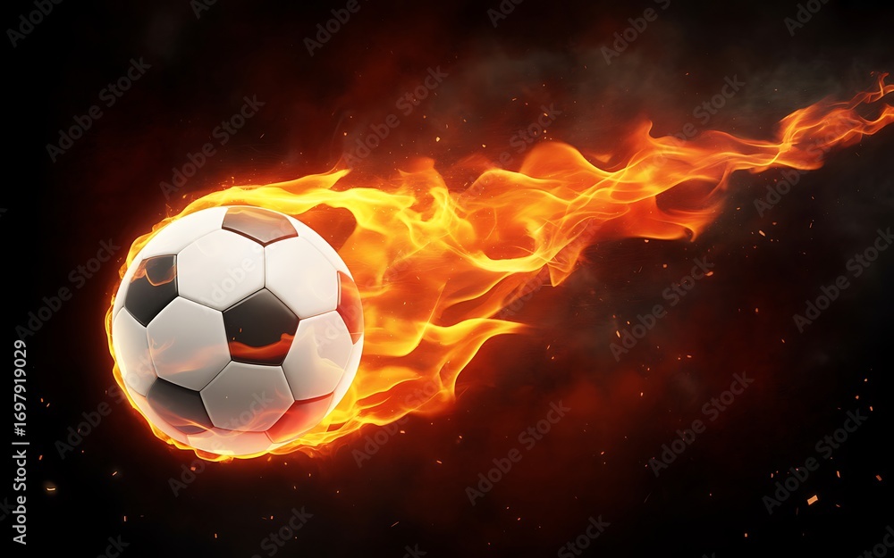 Naklejka premium Fiery Soccer Ball with Flames on Black Background Sports and Action Concept Artwork Illustration