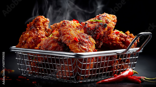 Delicious crispy fried chicken wings in a metal basket ready for serve hot