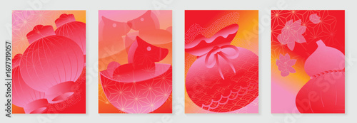 Chinese New year poster design vector set. Modern new year red card with horse, lantern, money, flower, calabash in geometric shape. Illustration for flyer, brochure, social media, banner, ads.