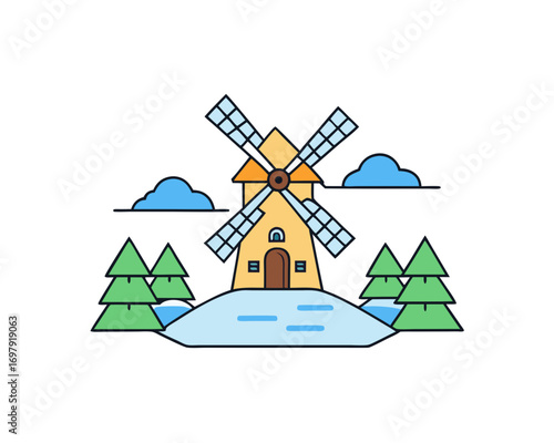 Traditional windmill in snowy countryside, pine trees and frozen lake nearby, peaceful winter landscape vector illustration