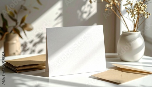 Minimalist stationery mockup featuring a blank white greeting card and kraft envelope on a sunlit desk with botanical shadows and dried flowers