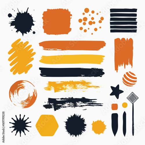 Vibrant abstract brush strokes and shapes in orange, yellow, and black