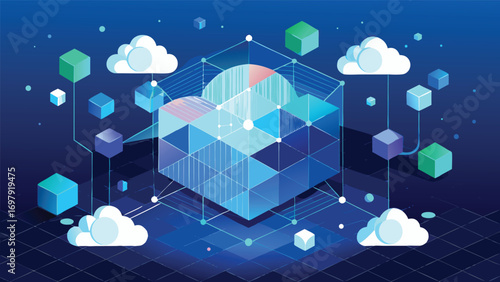 Abstract digital cloud computing network conceptual illustration with 3d cubes and cloud symbols on a gradient background