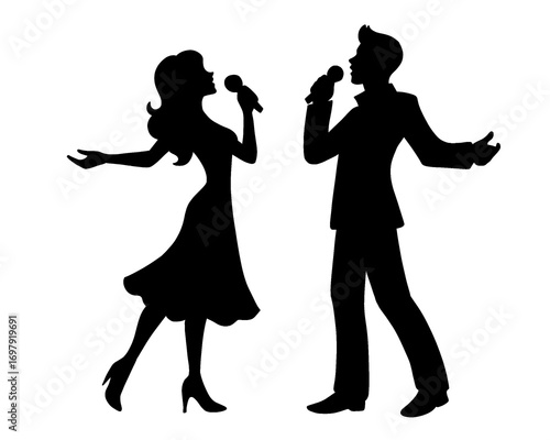 Silhouettes of female and male singers singing, isolated icons on white background.	