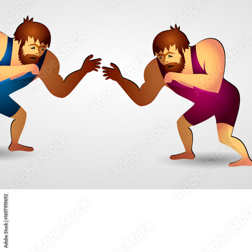 Wrestling match in a cartoon style featuring two athletes preparing for competition