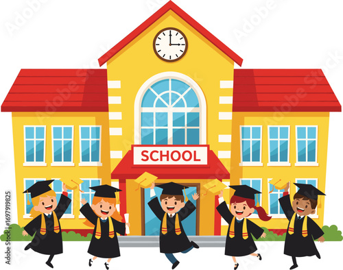 Happy diverse kids graduating in caps and gowns in front of colorful school building – joyful graduation celebration cartoon illustration.