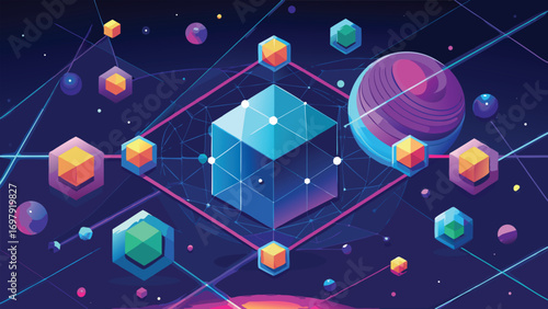 Abstract digital network visualization displaying connected nodes and data points suitable for technology and science concepts