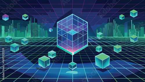 Abstract futuristic digital landscape with 3d rendered cubes and geometric shapes in vibrant neon colors.