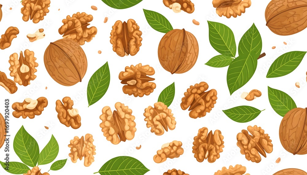 Seamless pattern of walnuts and leaves