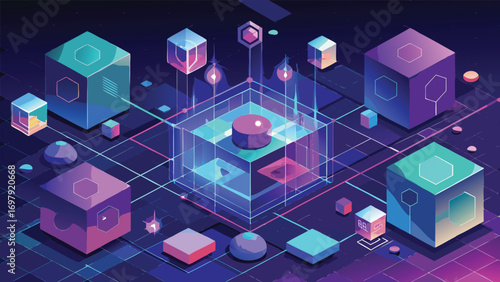 Abstract geometric digital illustration featuring floating cubes, lines and dots representing a futuristic concept