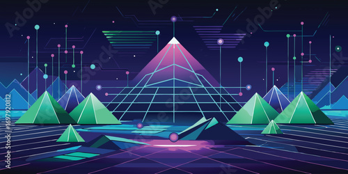 Abstract geometric landscape illustration with neon colors representing data flow and futuristic design