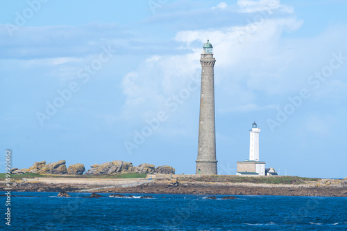View towards Ile Vierge Lighthouse from GR34 coast path, Finistere, Brittany , France